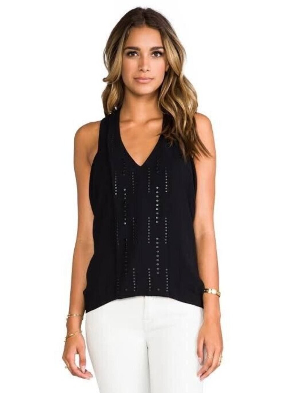 Diane Von Furstenberg Top Black Silk Paisley Metal Rain Tank Sleeveless Size 2